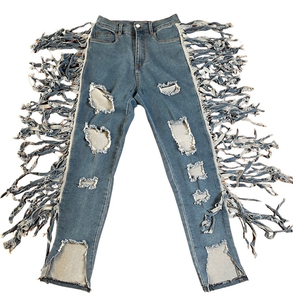 Daisy Distressed Fringe Detail Blue Jeans Size Small - Picture 7 of 16